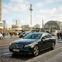 Eine schwarze Mercedes-Benz E-Klasse Limousine mit dem Kennzeichen „B MB 2023“ parkt am Straßenrand auf Kopfsteinpflaster. Im Hintergrund ist die markante Kulisse des Berliner Alexanderplatzes mit dem Fernsehturm, der Weltzeituhr und dem Bahnhof Alexanderplatz bei Tageslicht zu sehen. Passanten bewegen sich im Hintergrund. Die Aufnahme symbolisiert den exklusiven Chauffeur- und Zubringerservice von Finow Air Service im urbanen Raum Berlins.