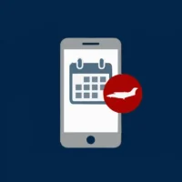 Eine stilisierte Grafik auf dunkelblauem Hintergrund zeigt ein graues Smartphone. Auf dem Display ist ein graues Kalender-Icon abgebildet. Über dem Smartphone liegt rechts ein runder roter Kreis, in dem die weiße Silhouette eines Businessjets dargestellt ist. Die flächige Illustration symbolisiert die einfache digitale Terminplanung und mobile Buchbarkeit der Flugleistungen bei Finow Air Service.