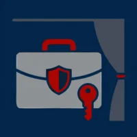 Eine stilisierte Grafik auf dunkelblauem Hintergrund zeigt Symbole für Vertraulichkeit. Zentral ist ein grauer Aktenkoffer mit einem rot umrandeten Wappenschild (Sicherheitssymbol) und einem davor liegenden roten Schlüssel dargestellt. Rechts im Bild ist ein grauer Vorhang angedeutet, der durch eine rote Kordel zusammengehalten wird. Die flächige Illustration symbolisiert den Schutz der Privatsphäre und höchste Sicherheitsstandards bei Finow Air Service.