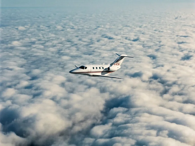 Ein weißer Businessjet der Finow Air Service mit der Kennung D-IETB fliegt in einer weiten Fernaufnahme über einer dichten, weißen Wolkendecke. Das Flugzeug ist von schräg hinten oben in der Seitenansicht dargestellt und wirkt klein gegenüber der ausgedehnten Wolkenlandschaft, die das gesamte untere Bilddrittel einnimmt. Der Rumpf ist mit den charakteristischen roten und blauen Zierstreifen versehen. Das Bild vermittelt ein Gefühl von Weite und Ruhe während des Reiseflugs.