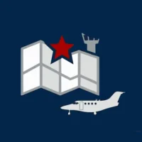 Eine stilisierte Grafik auf dunkelblauem Hintergrund zeigt eine weiß-grau gefaltete Karte, auf der ein roter Stern als Standortmarkierung platziert ist. Im Hintergrund ist die graue Silhouette eines Flughafenturms (Tower) erkennbar. Rechts unten befindet sich die graue Seitenansicht eines Businessjets. Die flächige Illustration symbolisiert die strategische Lage und die hervorragende Infrastruktur des Standorts von Finow Air Service.