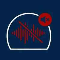 Eine minimalistische Grafik auf dunkelblauem Hintergrund zeigt ein weiß umrandetes, halbkreisförmiges Symbol. Im Zentrum ist eine rote Wellenform (Schallwellen-Darstellung) zu sehen, die von einem diagonalen roten Balken durchgestrichen ist. Am rechten oberen Rand des Symbols befindet sich ein kleiner roter Kreis mit einem dunkelblauen Lautsprecher-Icon und einem kleinen Kreuz daneben. Die Illustration dient als symbolische Darstellung für Lärmschutz oder eine geräuscharme Kabine bei Finow Air Service.