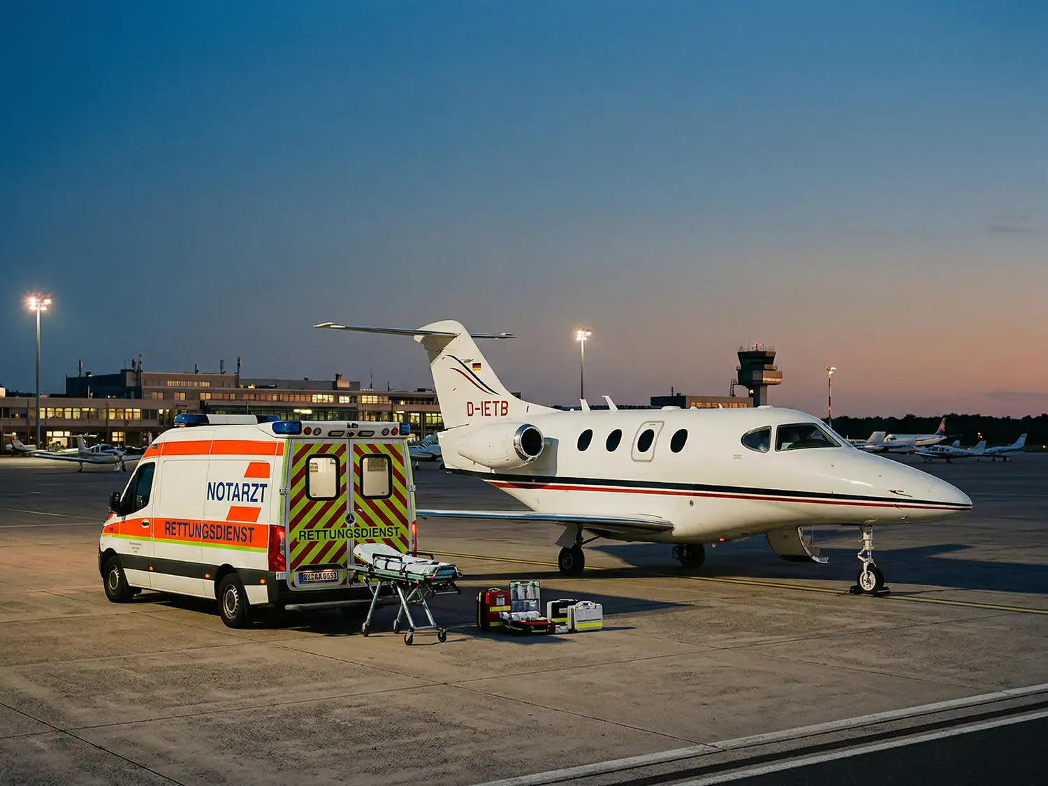 Ein weißer Businessjet der Finow Air Service mit der Kennung D-IETB steht bei Dämmerung auf dem beleuchteten Vorfeld eines Flughafens. Direkt neben dem Flugzeug ist ein Rettungswagen mit der Aufschrift „NOTARZT“ und „RETTUNGSDIENST“ positioniert. Vor dem Rettungswagen stehen eine leere Krankentrage sowie mehrere medizinische Notfallkoffer bereit. Im Hintergrund sind beleuchtete Flughafengebäude, ein Kontrollturm und weitere geparkte Kleinflugzeuge unter einem klaren Abendhimmel zu sehen. Die Szene dokumentiert die Einsatzbereitschaft von Finow Air Service für medizinische Rückholflüge und Ambulanztransporte.