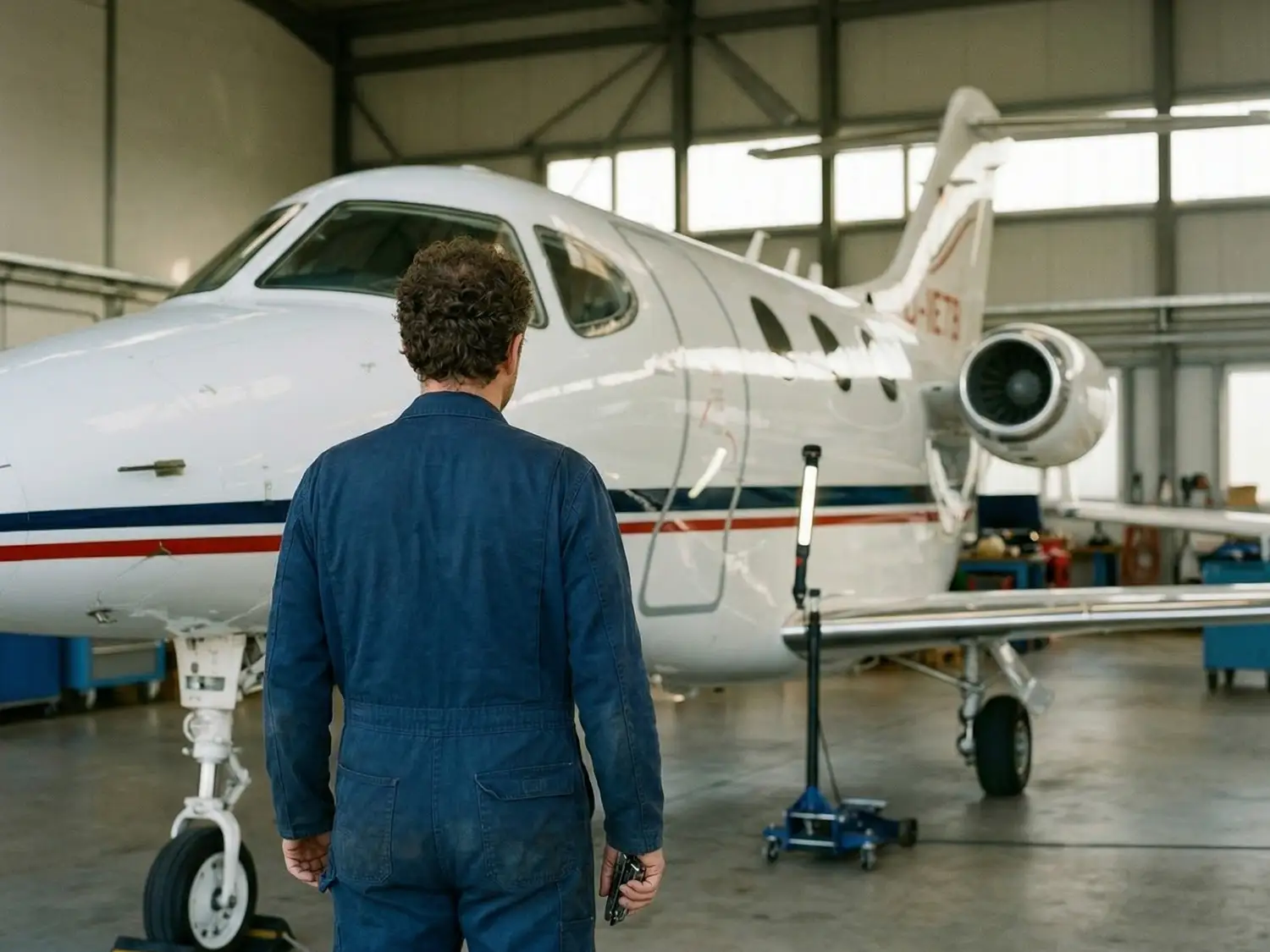 Ein Mechaniker in einem blauen Arbeitsoverall steht mit dem Rücken zum Betrachter in einem hellen Flugzeughangar. Er blickt auf einen weißen Businessjet der Finow Air Service mit der Kennung D-IETB, der schräg vor ihm steht. Das Flugzeug ist mit den typischen roten und blauen Zierstreifen versehen. Im Hangar sind technische Ausrüstungsgegenstände wie eine mobile Arbeitsleuchte und Werkstattwagen im Hintergrund erkennbar. Die Szene verdeutlicht die Wartungs- und Servicearbeiten an der Flotte von Finow Air Service.