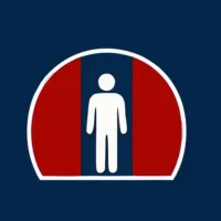 Eine grafische Illustration auf dunkelblauem Hintergrund zeigt ein halbkreisförmiges Emblem mit weißer Außenlinie. Im Inneren des Symbols ist eine stilisierte, weiße Menschenfigur vor einem vertikal gestreiften Hintergrund in den Farben Rot, Blau und Rot dargestellt. Die Grafik ist flächig und ohne Verläufe gestaltet und dient als symbolische Darstellung für den Bereich Passagierservice oder Personenbeförderung bei Finow Air Service.