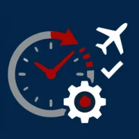 Eine stilisierte Grafik auf dunkelblauem Hintergrund kombiniert Symbole für Zeitmanagement und Logistik. Links ist eine graue Uhr mit roten Zeigern dargestellt, die von einem kreisförmigen roten Pfeil (Uhrzeigersinn) umrahmt wird. Rechts oben befindet sich eine weiße Flugzeug-Silhouette mit einem darunter liegenden weißen Häkchen. Im unteren Bereich ist ein weißes Zahnrad mit einem roten Zentrum platziert. Die flächige Illustration symbolisiert optimierte Abläufe, technische Präzision und pünktliche Flugdurchführung bei Finow Air Service.