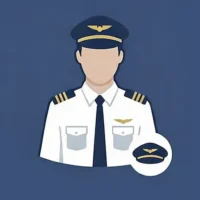 Eine stilisierte Grafik auf dunkelblauem Hintergrund zeigt die Oberkörper-Silhouette eines Piloten in weißer Uniform mit vier goldenen Streifen auf den Schulterklappen, einer dunklen Krawatte und einer Kapitänsmütze mit goldenem Schwingen-Emblem. Rechts unten ist in einem weißen Kreis zusätzlich eine Kapitänsmütze als Einzelsymbol dargestellt. Die flächige Illustration symbolisiert die hohe Qualifikation, Erfahrung und Professionalität der Kapitäne bei Finow Air Service.