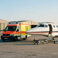 Ein weißer Businessjet der Finow Air Service mit geöffneter Kabinentür und ausgefahrener Treppe steht auf einem asphaltierten Vorfeld vor einem Hangar. Direkt daneben ist ein Rettungswagen (RTW) mit der Aufschrift „NOTARZT“ und „112“ positioniert. Im Vordergrund steht eine leere, fahrbare Krankentrage bereit für den Patiententransport. Die Szene bei klarem Tageslicht dokumentiert die enge Verzahnung von medizinischem Bodentransport und Ambulanzflug-Service bei Finow Air Service.