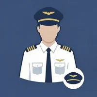 Eine stilisierte Grafik auf dunkelblauem Hintergrund zeigt die Oberkörper-Silhouette eines Piloten in weißer Uniform mit vier goldenen Streifen auf den Schulterklappen, einer dunklen Krawatte und einer Kapitänsmütze mit goldenem Schwingen-Emblem. Rechts unten ist in einem weißen Kreis zusätzlich eine Kapitänsmütze als Einzelsymbol dargestellt. Die flächige Illustration symbolisiert die hohe Qualifikation, Erfahrung und Professionalität der Kapitäne bei Finow Air Service.