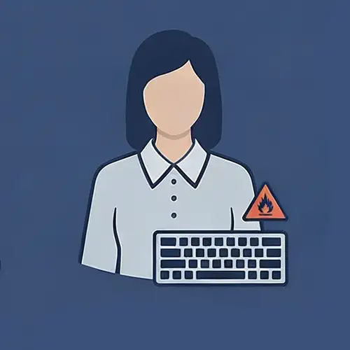 Eine stilisierte Grafik auf dunkelblauem Hintergrund zeigt die Oberkörper-Silhouette einer Person in einem hellen Hemd. Vor der Person ist eine Tastatur abgebildet. Rechts neben der Person befindet sich ein orangefarbenes Warnsymbol in Dreiecksform, das eine Flamme zeigt (Gefahrensymbol für entzündbare Stoffe). Die flächige Illustration symbolisiert die fachgerechte Koordination, Überwachung und Abwicklung von Gefahrengut-Transporten durch das Personal von Finow Air Service.