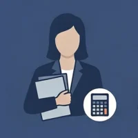 Eine stilisierte Grafik auf dunkelblauem Hintergrund zeigt die Oberkörper-Silhouette einer Frau in einem dunklen Business-Anzug, die eine graue Mappe unter dem Arm hält. Rechts unten ist in einem weißen Kreis ein Taschenrechner-Symbol mit blauen Tasten und einer orangen Taste dargestellt. Die flächige Illustration symbolisiert die kaufmännische Verwaltung, präzise Kostenkalkulation und transparente Abrechnung bei Finow Air Service.