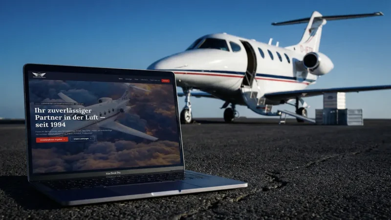 Eine Außenaufnahme auf einem asphaltierten Rollfeld bei sonnigem Wetter. Im Vordergrund steht ein geöffneter Laptop (MacBook Pro), auf dessen Bildschirm die Startseite der Finow Air Service Website mit dem Slogan „Ihr zuverlässiger Partner in der Luft – seit 1994“ zu sehen ist. Im Hintergrund parkt ein weißer Businessjet der Finow Air Service mit der Kennung D-IETB, dessen Passagiertür geöffnet ist. Die Szene kombiniert die digitale Präsenz des Unternehmens mit dem realen Flugbetrieb auf dem Flugplatz.