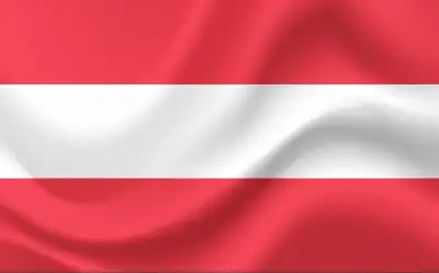 Eine grafische Darstellung der Nationalflagge Österreichs mit den horizontalen Streifen in Rot, Weiß und Rot. Die Flagge ist mit einem realistischen Faltenwurf und Schattierungen gestaltet, die den Eindruck eines wehenden Stoffes im Wind vermitteln. Die Farben sind kräftig und flächig ohne zusätzliche Symbole oder Beschriftungen.