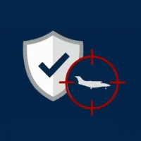 Eine stilisierte Grafik auf dunkelblauem Hintergrund zeigt im linken Bereich ein weißes Wappenschild mit einer grauen Umrandung und einem zentralen dunkelblauen Häkchen. Rechts davor ist ein rotes Fadenkreuz-Symbol platziert, in dessen Zentrum sich die graue Silhouette eines Businessjets befindet. Die flächige Illustration symbolisiert die präzise Überwachung und die hohen Sicherheitsstandards bei Finow Air Service.