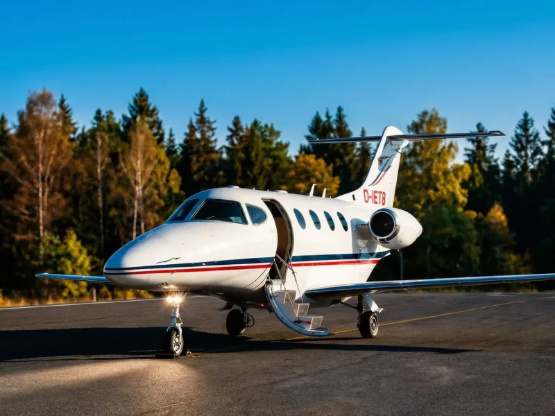 Ein weißer Businessjet der Finow Air Service mit der Kennung D-IETB steht auf einem asphaltierten Rollfeld. Die Passagiertür im vorderen Bereich ist geöffnet und die integrierte Treppe ist ausgefahren. Das Flugzeug wird von vorne links bei tiefstehender Sonne beleuchtet, was einen langen Schatten auf den Boden wirft und das Buglicht sowie die glänzende Oberfläche des Rumpfes hervorhebt. Im Hintergrund ist eine dichte, herbstlich gefärbte Waldkulisse unter einem klaren, blauen Himmel zu sehen. Das Flugzeug trägt die markanten roten und blauen Zierstreifen entlang der Fensterlinie.