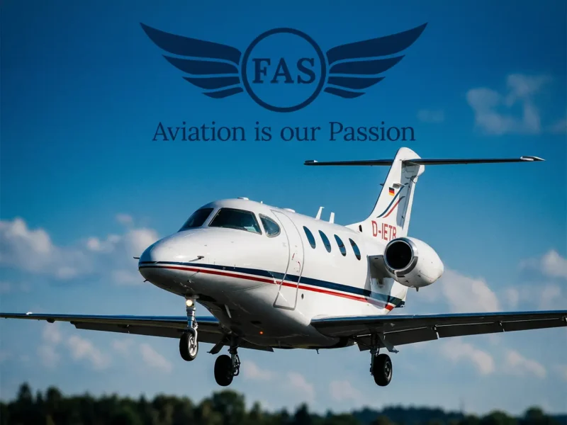 Ein weißer Businessjet der Finow Air Service mit der Kennung D-IETB ist in einer niedrigen Flugphase, kurz vor dem Aufsetzen oder unmittelbar nach dem Abheben, dargestellt. Das Fahrwerk ist ausgefahren. Das Flugzeug ist von schräg vorne links zu sehen und trägt die charakteristischen roten und blauen Zierstreifen am Rumpf. Der Hintergrund zeigt einen blauen Himmel mit vereinzelten weißen Wolken und eine dunkle Waldsilhouette am unteren Bildrand. Im oberen Bilddrittel ist das dunkelblaue FAS-Logo mit dem Schriftzug „Aviation is our Passion“ eingeblendet.