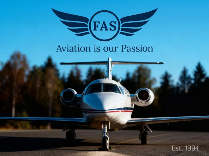 Ein weißer Businessjet der Finow Air Service steht in Frontalansicht auf einer asphaltierten Start- oder Landebahn. Das Flugzeug hat eine rote und blaue Zierlinie entlang des Rumpfes. Im Hintergrund ist eine unscharfe Waldkulisse unter klarem blauen Himmel zu sehen. Im oberen Bildbereich ist das dunkelblaue Logo von FAS (Finow Air Service) mit Schwingen und dem Slogan „Aviation is our Passion“ zentral platziert. Unten rechts im Bild steht in weißer Schrift „Est. 1994“.